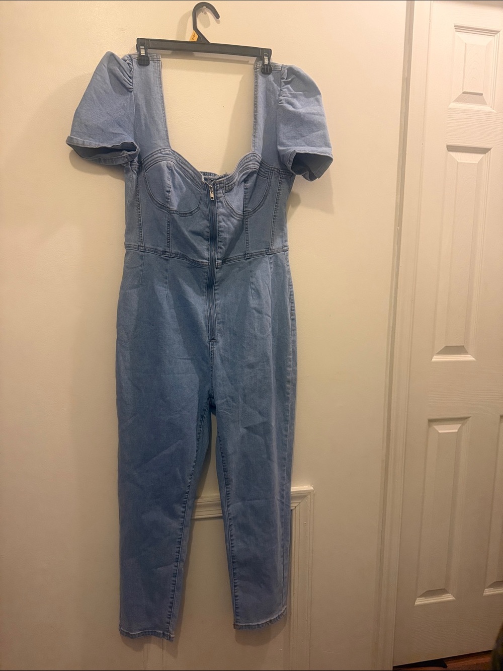 SHEIN Light Blue Denim Jumpsuit with Puff Sleeves - Size XXL